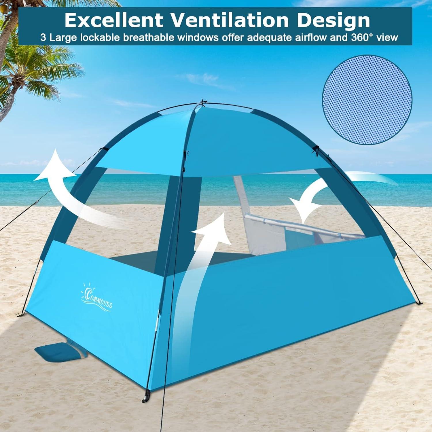 COMMOUDS Strandmuschel 3-4 Personen UV-Schutz 50+ blau Pop-Up Outdoor