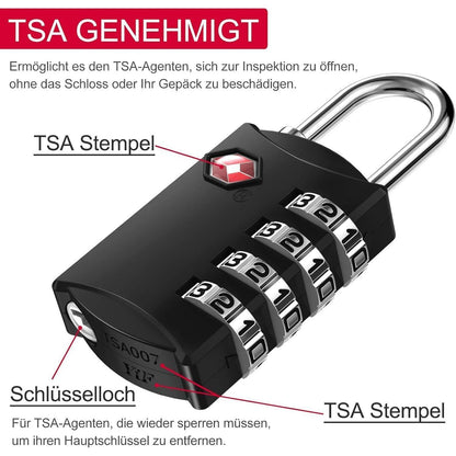 TSA Vorhängeschloss 4-Stellig Schwarz für Reisekoffer
