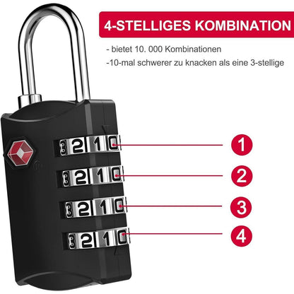 TSA Vorhängeschloss 4-Stellig Schwarz für Reisekoffer