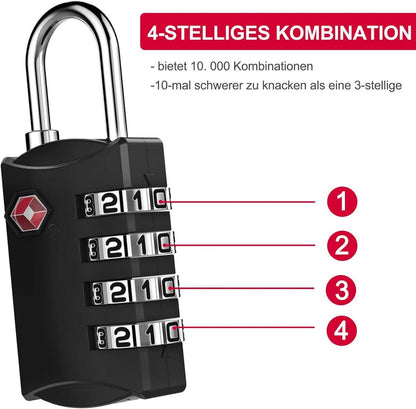 TSA Schloss 4-Stelliges Vorhängeschloss Gepäckschloss für Reisekoffer Rucksäcke Schwarz