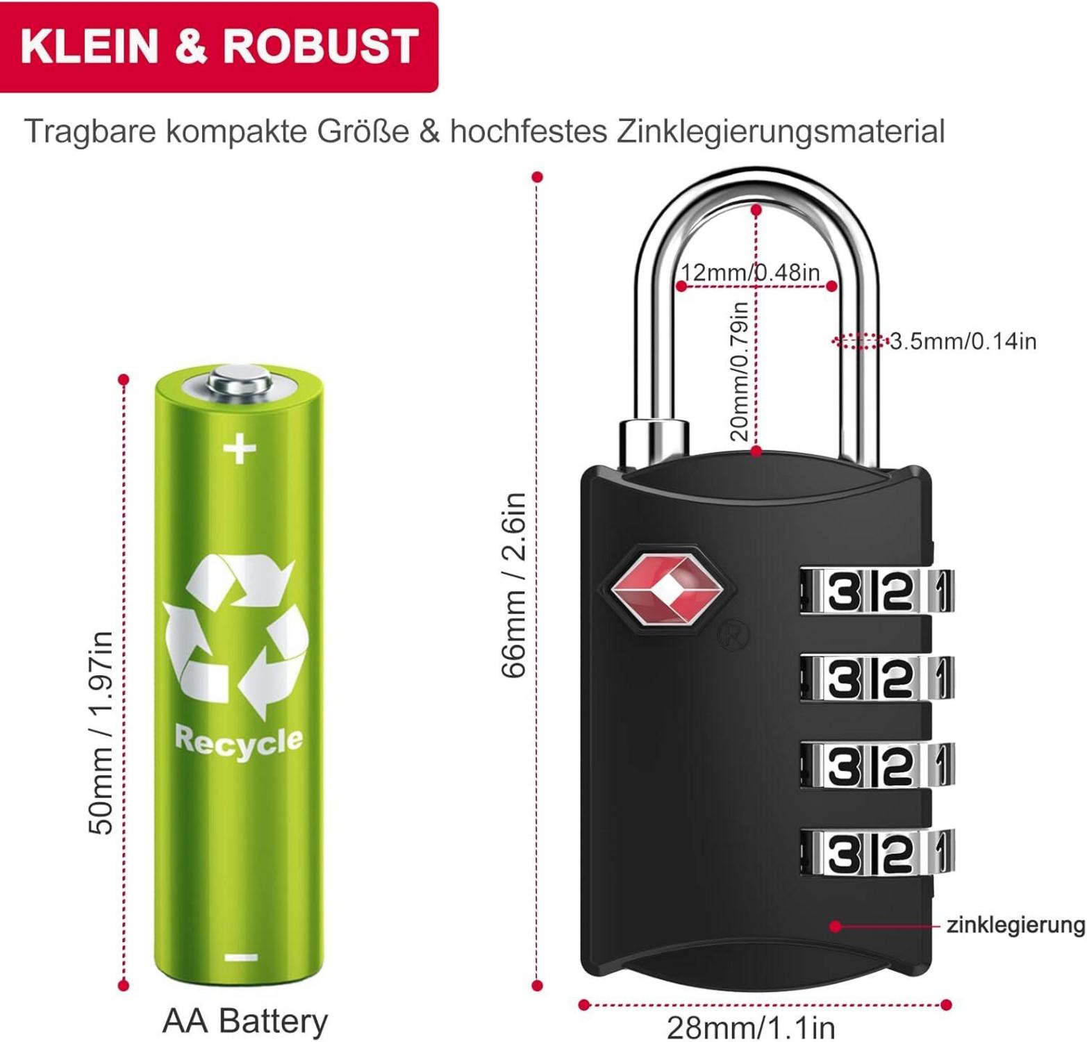 TSA Schloss 4-Stelliges Kofferschloss Gepäckschloss Schwarz