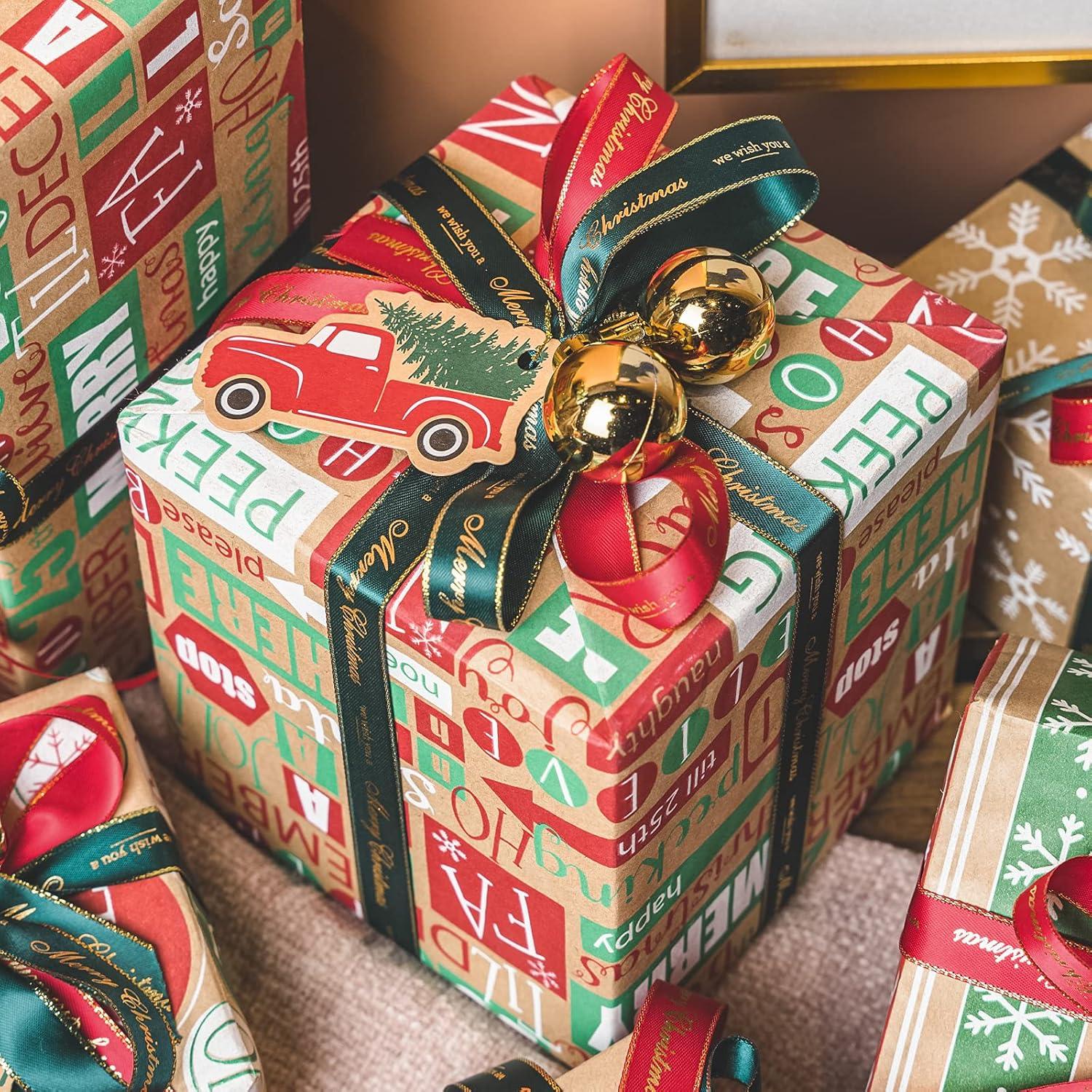 RUSPEPA Weihnachtspapier Kraftpapier Schneeflocken Rote Grüne Streifen Ho Ho Ho 4 Rollen