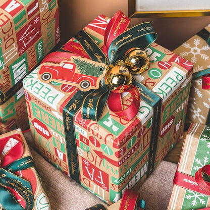 RUSPEPA Weihnachtspapier Kraftpapier Schneeflocken Rote Grüne Streifen Ho Ho Ho 4 Rollen