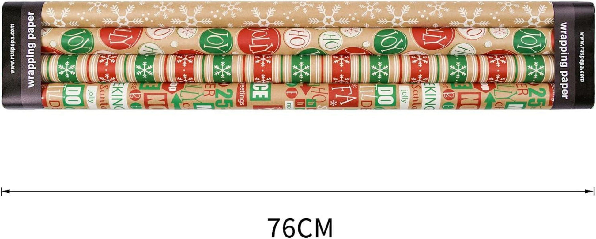 RUSPEPA Weihnachtspapier Kraftpapier Schneeflocken Streifen Ho Ho Ho 4 Rollen