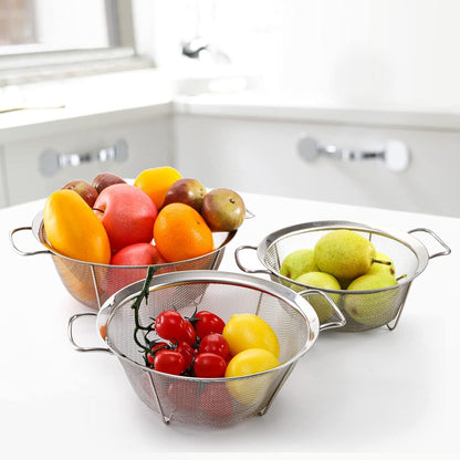 Edelstahl Sieb Küche 3er Set Mesh Korb Griff stapelbar 2,3/2,8/4,7 L