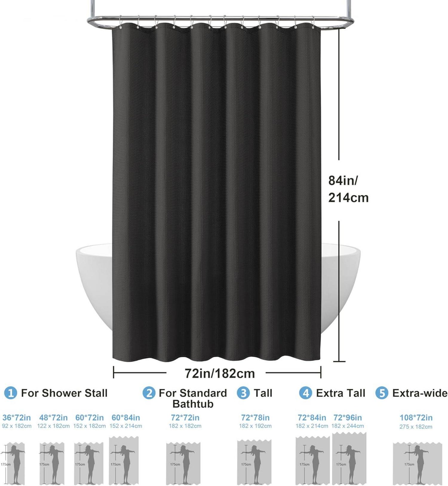 Waffel Duschvorhang Schwarz 182x214cm Metallringe 1er Pack