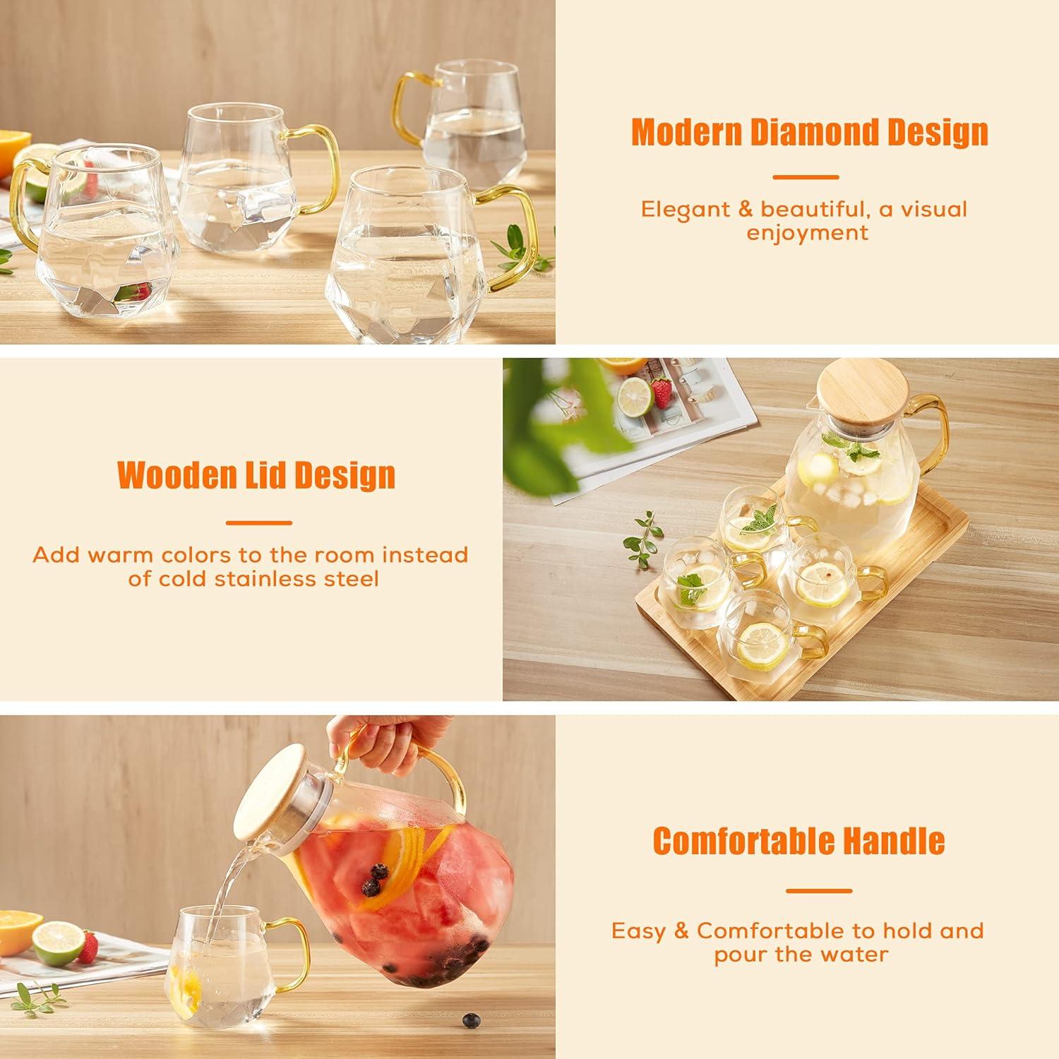 Glaskaraffe mit Bambus Deckel 2 Liter - Modernes Diamant Design