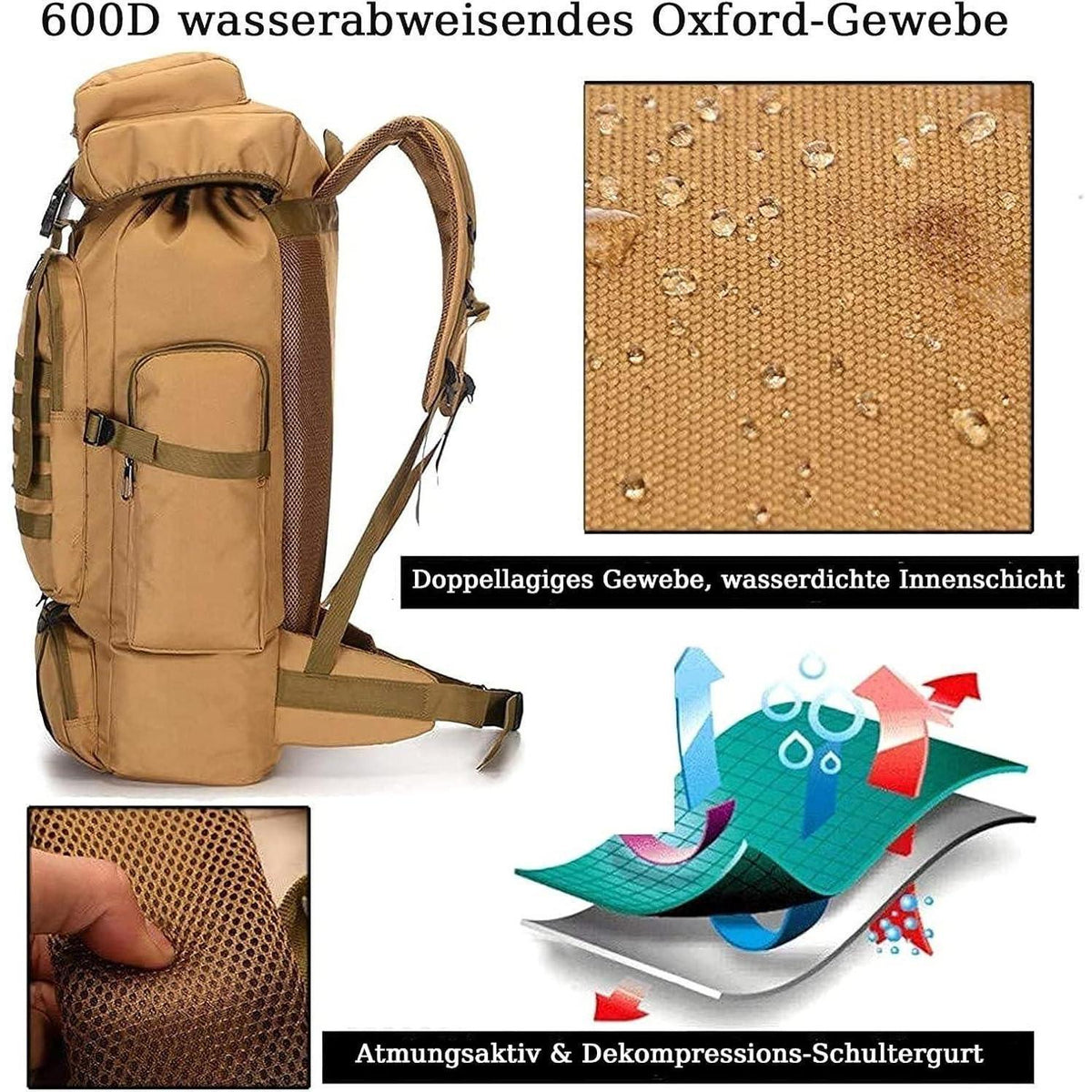 Großer Wanderrucksack 60-80L wasserdicht für Herren & Damen Khaki