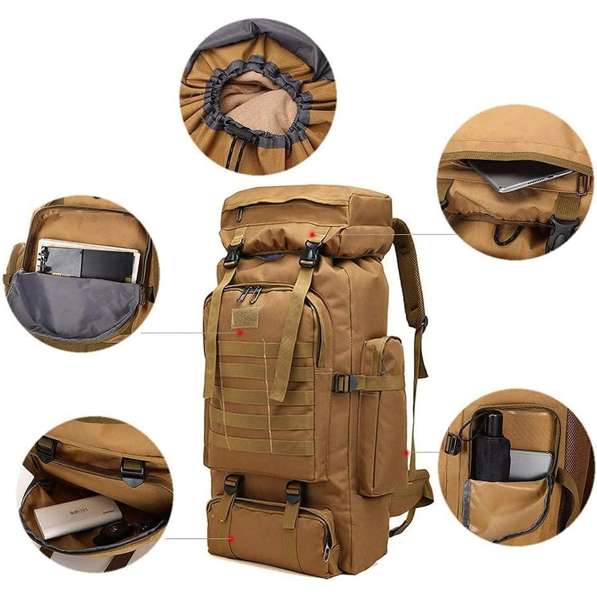 Großer Wanderrucksack 60-80L wasserdicht für Herren & Damen Khaki