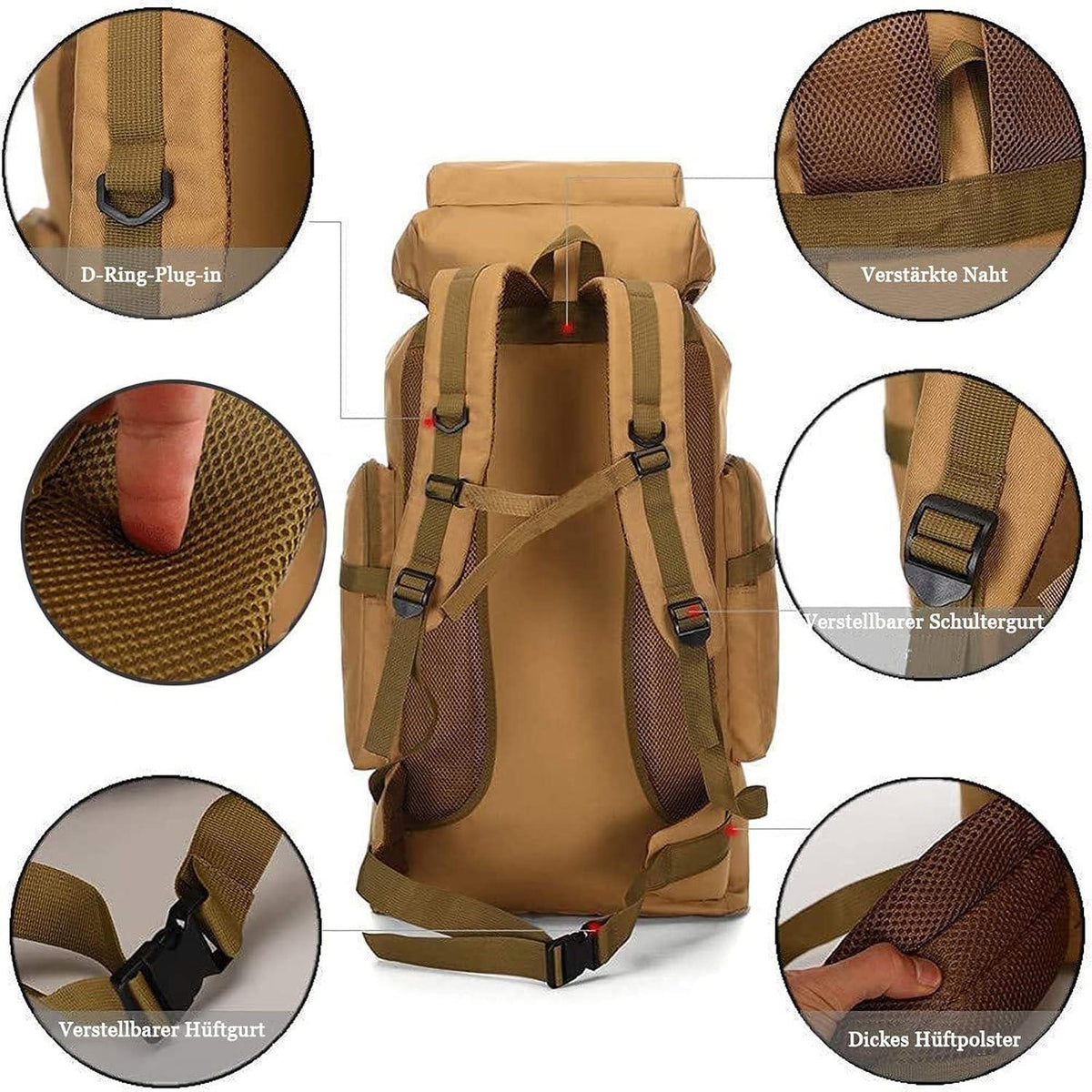 Großer Wanderrucksack 60-80L wasserdicht für Herren & Damen Khaki