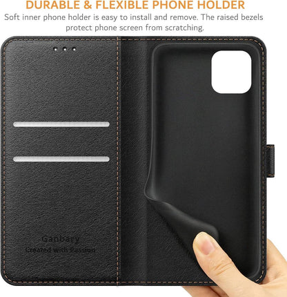 Samsung Galaxy A22 5G Leder Handyhülle Schwarz Flipcase Standfunktion