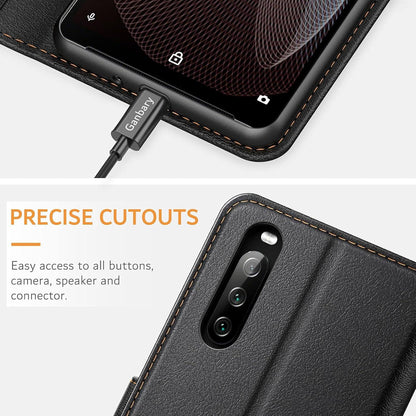 Sony Xperia 10 III Lederhandyhülle Schwarz - Kartenschlitze Magnet Standfunktion