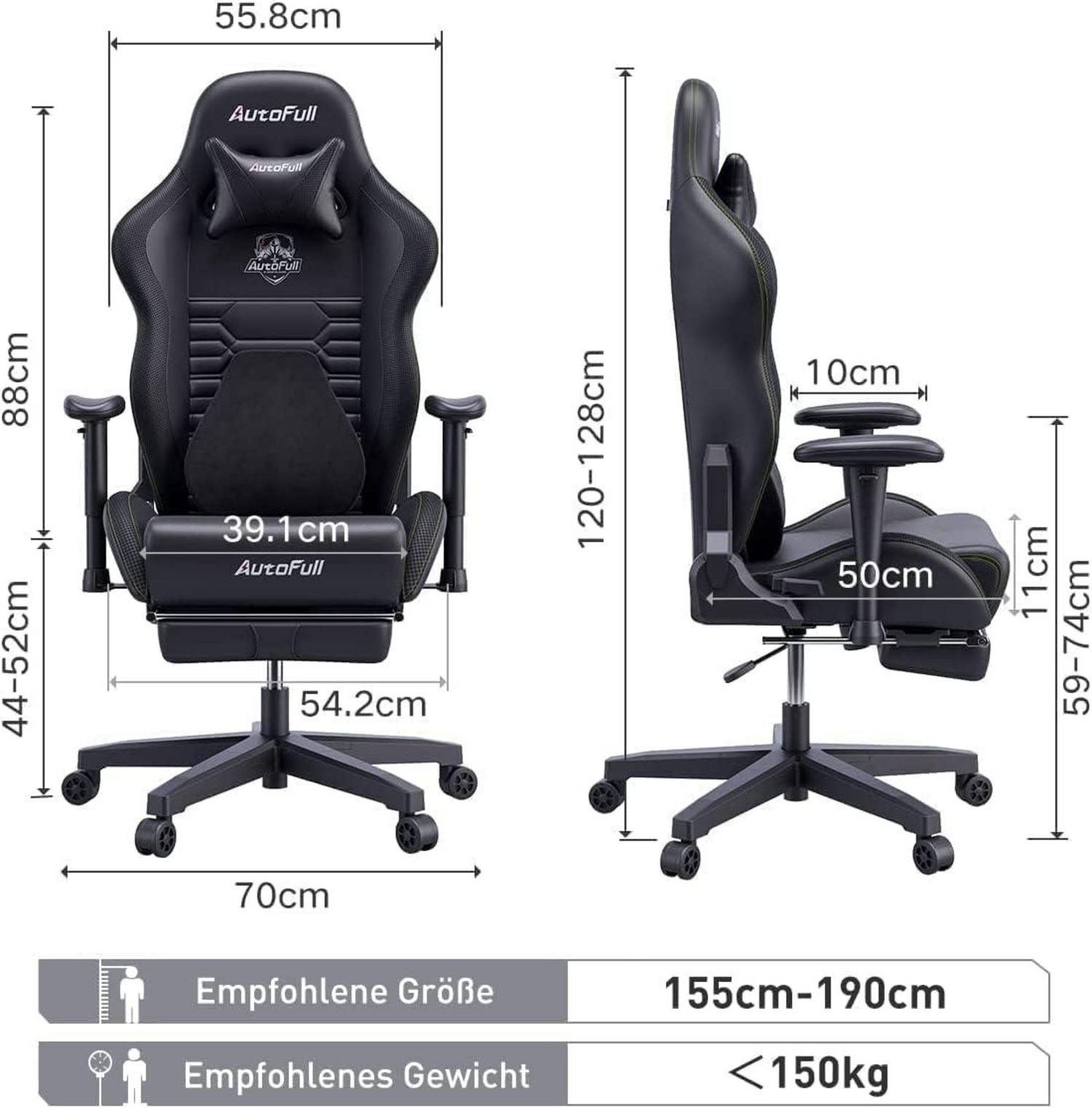 Ergonomischer Gaming Stuhl mit Lordosenstütze, Fußstütze, 150 kg