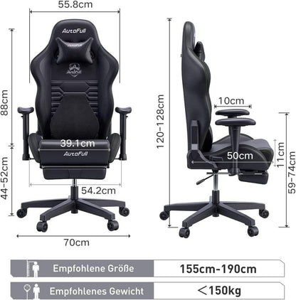Ergonomischer Gaming Stuhl mit Lordosenstütze, Fußstütze, 150 kg