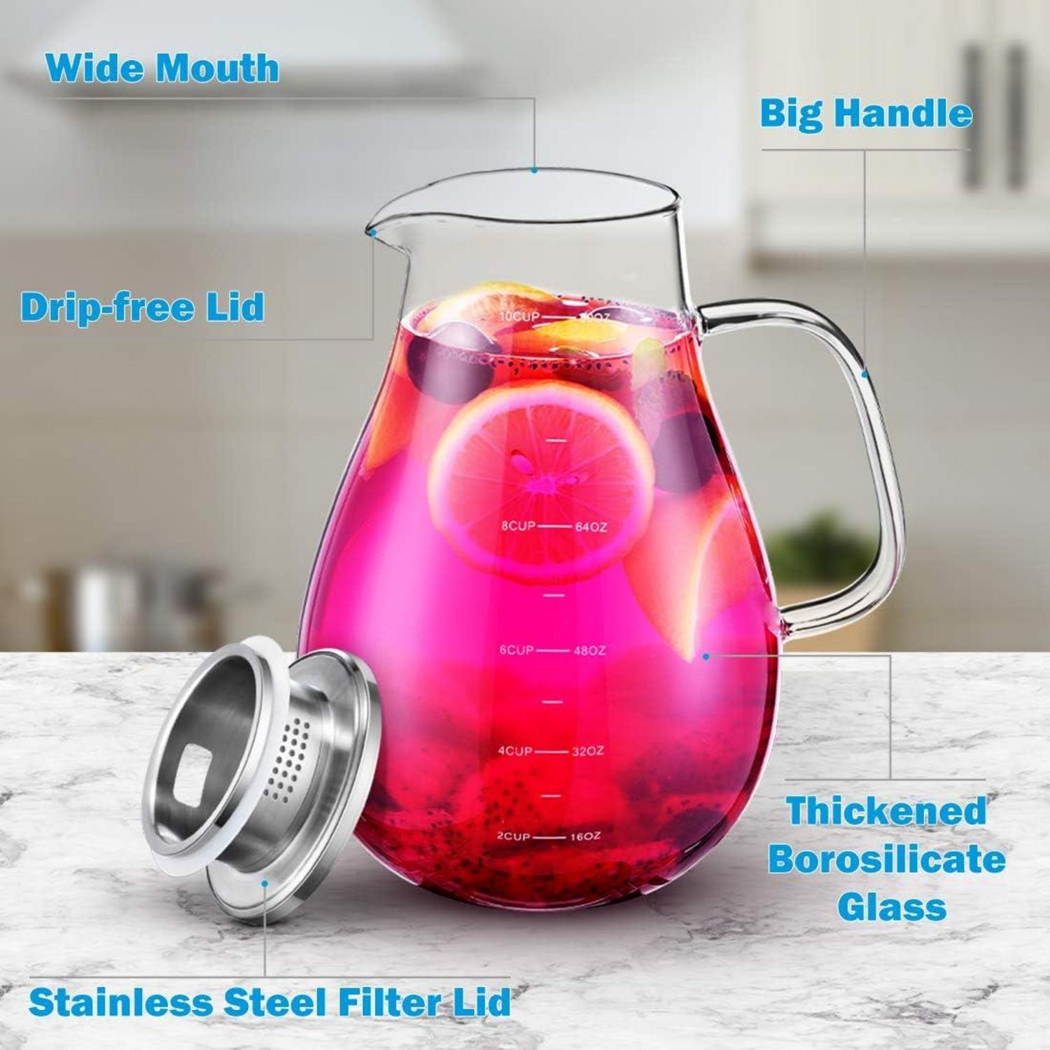 Glaskaraffe 2.4L Borosilikatglas Wasserkrug mit Deckel, für Wasser Eistee Saft