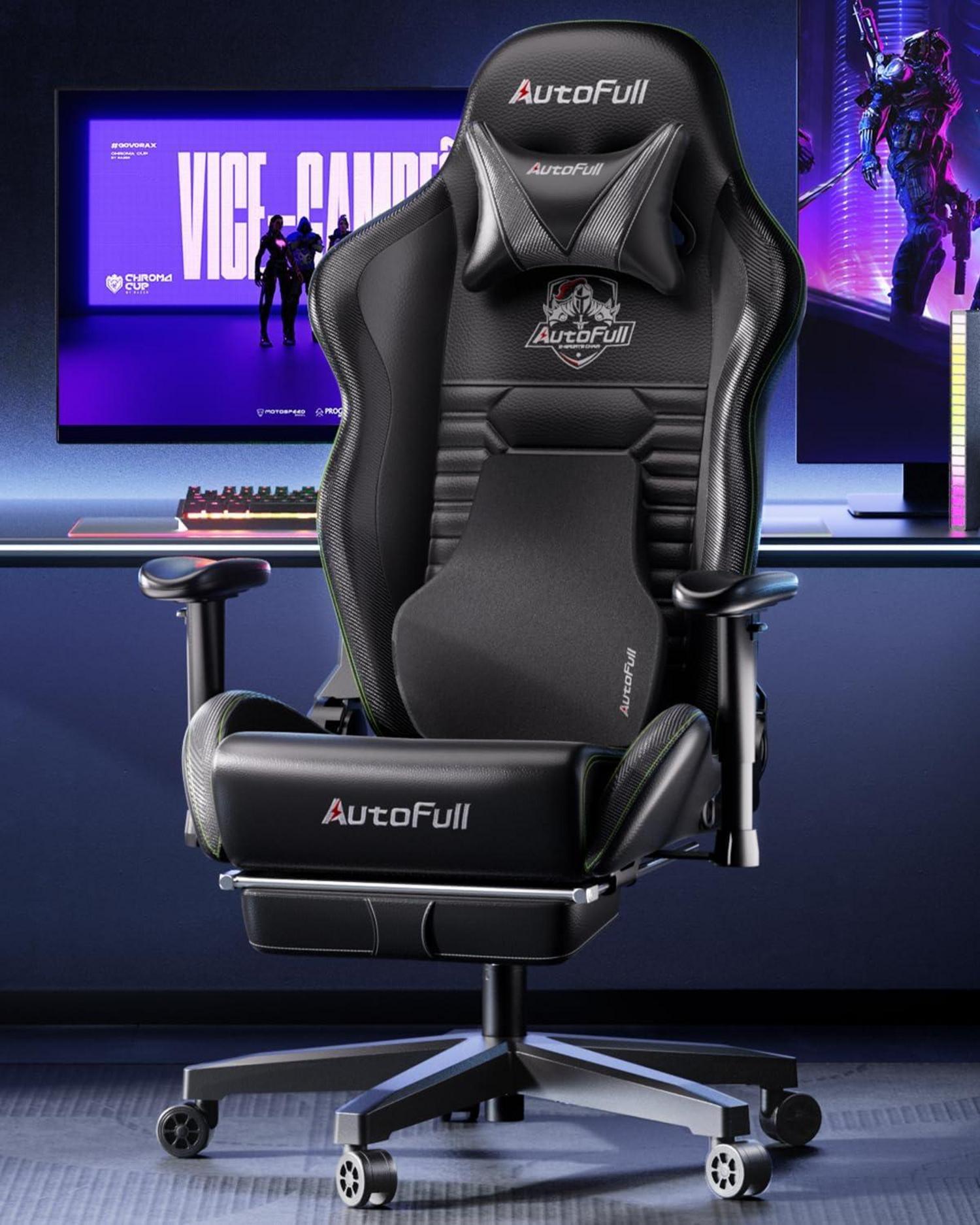 AutoFull Gaming Stuhl ergonomisch Gamer PU-Leder Schwarz