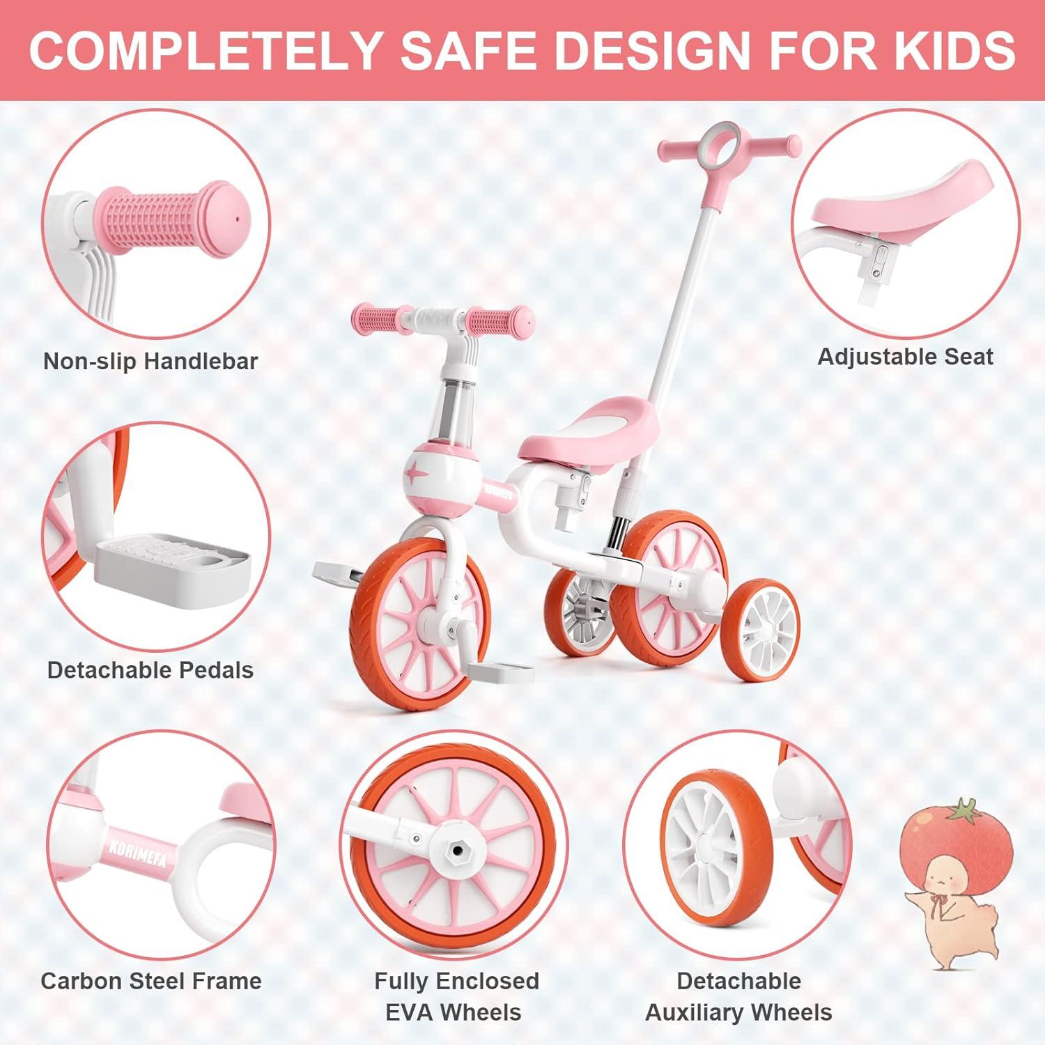 KORIMEFA 4 in 1 Laufrad Kinderdreirad Dreirad Lauffahrrad Rosa
