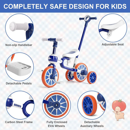 Kinder Laufrad 4 in 1 Lauffahrrad Dreirad Blau mit Push-Lenker