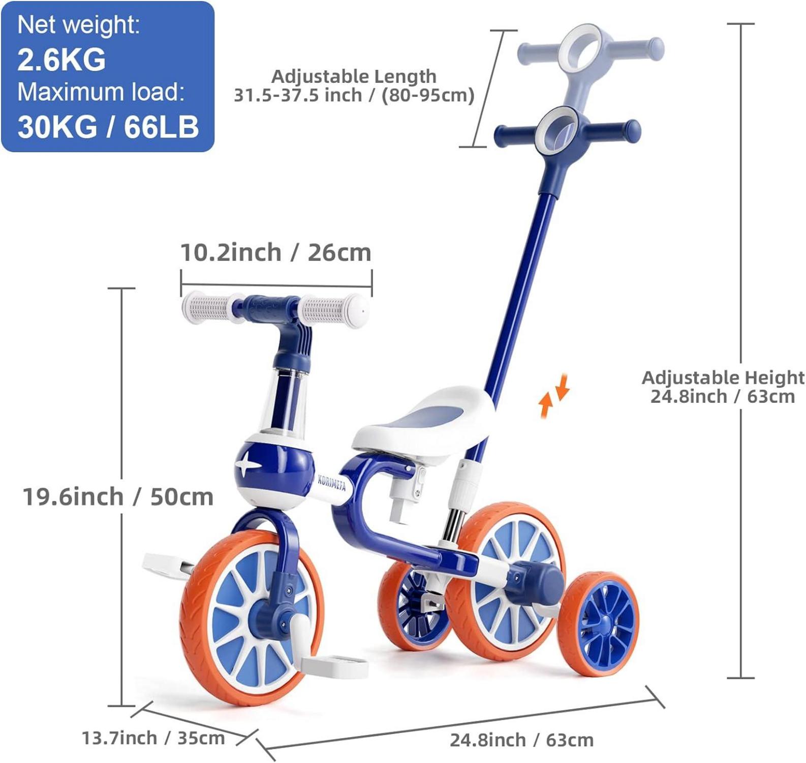 Kinder Laufrad 4 in 1 Tricycle Lauffahrrad ab 1-4 Jahre Blau Push-Lenker