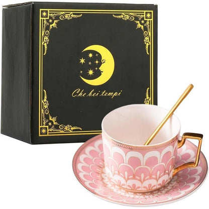 Europäisches Teetassen-Set mit Untertasse und Löffel (Rosa)