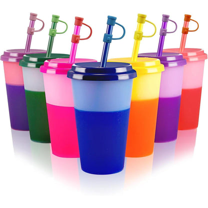 7er Set Farbwechsel Becher mit Deckel & Strohhalm 350ml