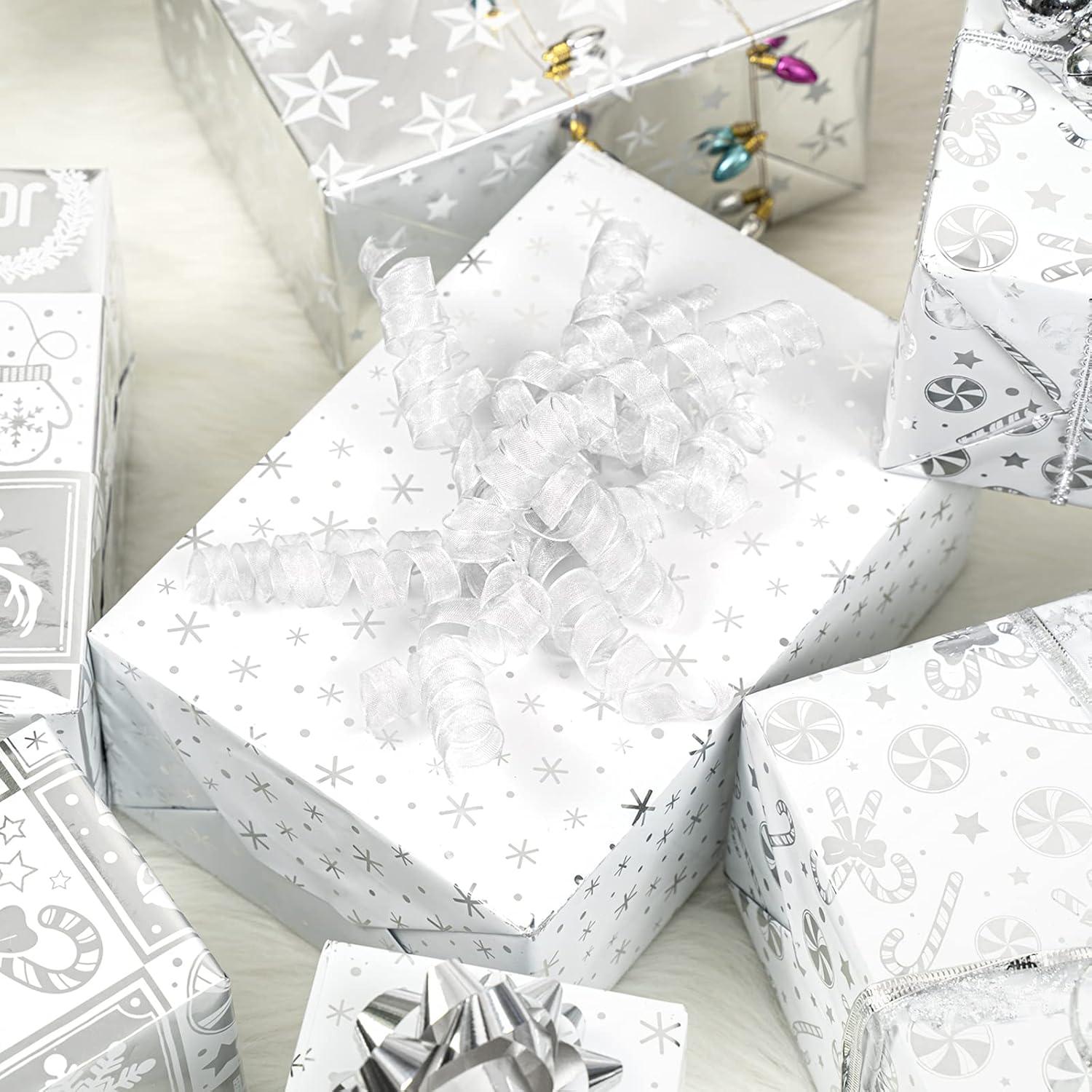 Weihnachtspapierrolle Silberne Schneeflocken Metallic-Folienglanz 4 Rollen 76x305 cm
