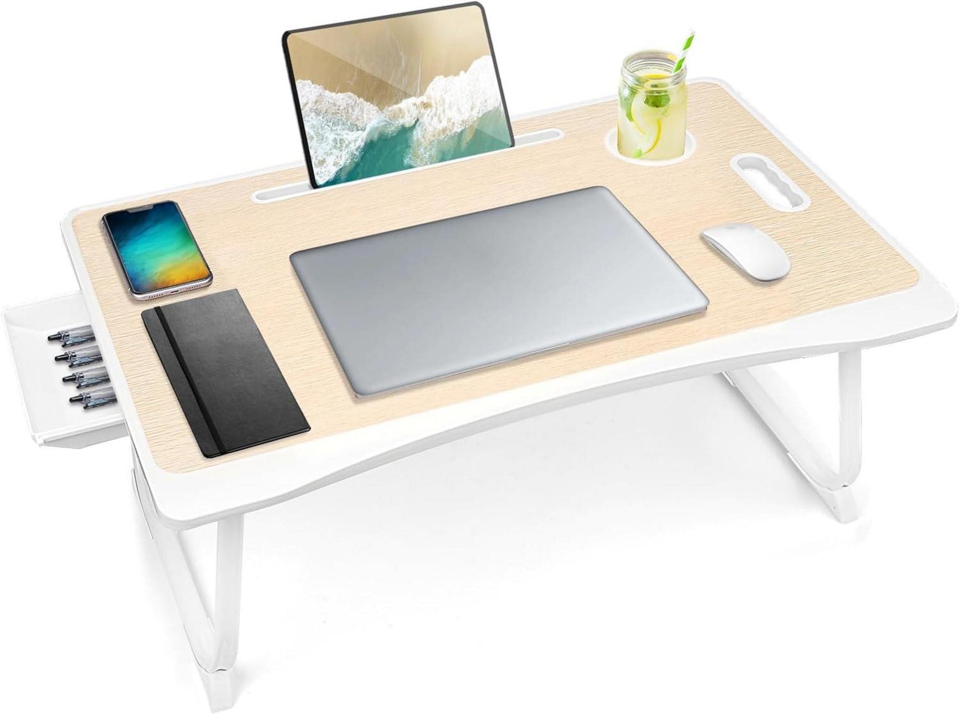 Klappbarer Laptoptisch mit Schublade und Tassenhalter 60x40cm