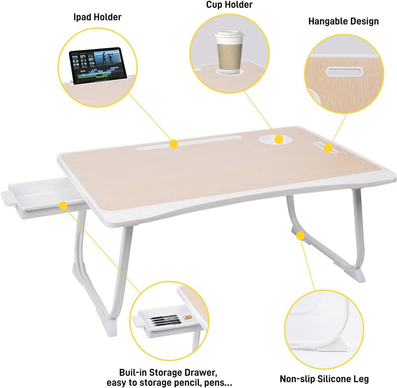 Klappbarer Laptoptisch mit Schublade und Tassenhalter 60x40cm