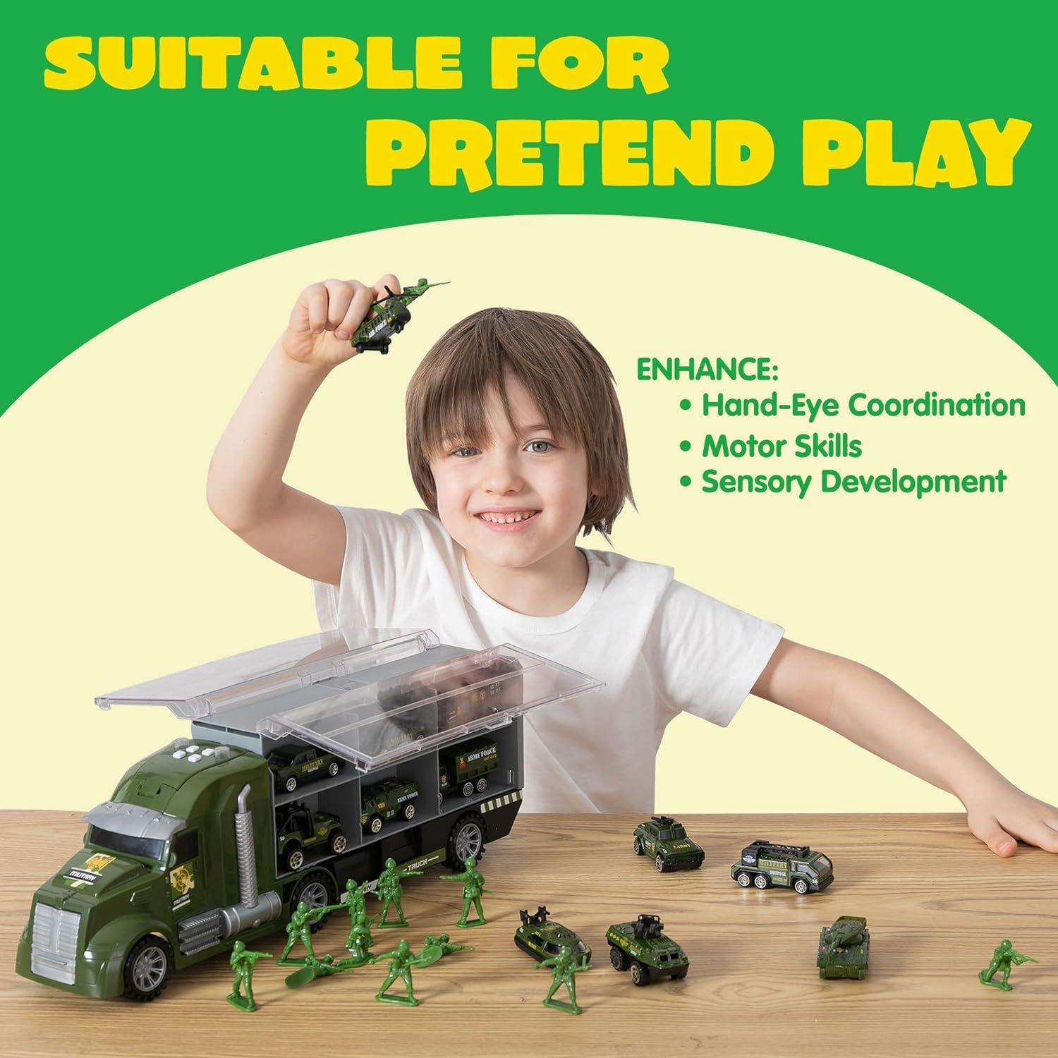 JOYIN Militär-LKW-Spielzeugset mit Spielzeugsoldaten & Lichtern - Kindergeburtstagsgeschenke