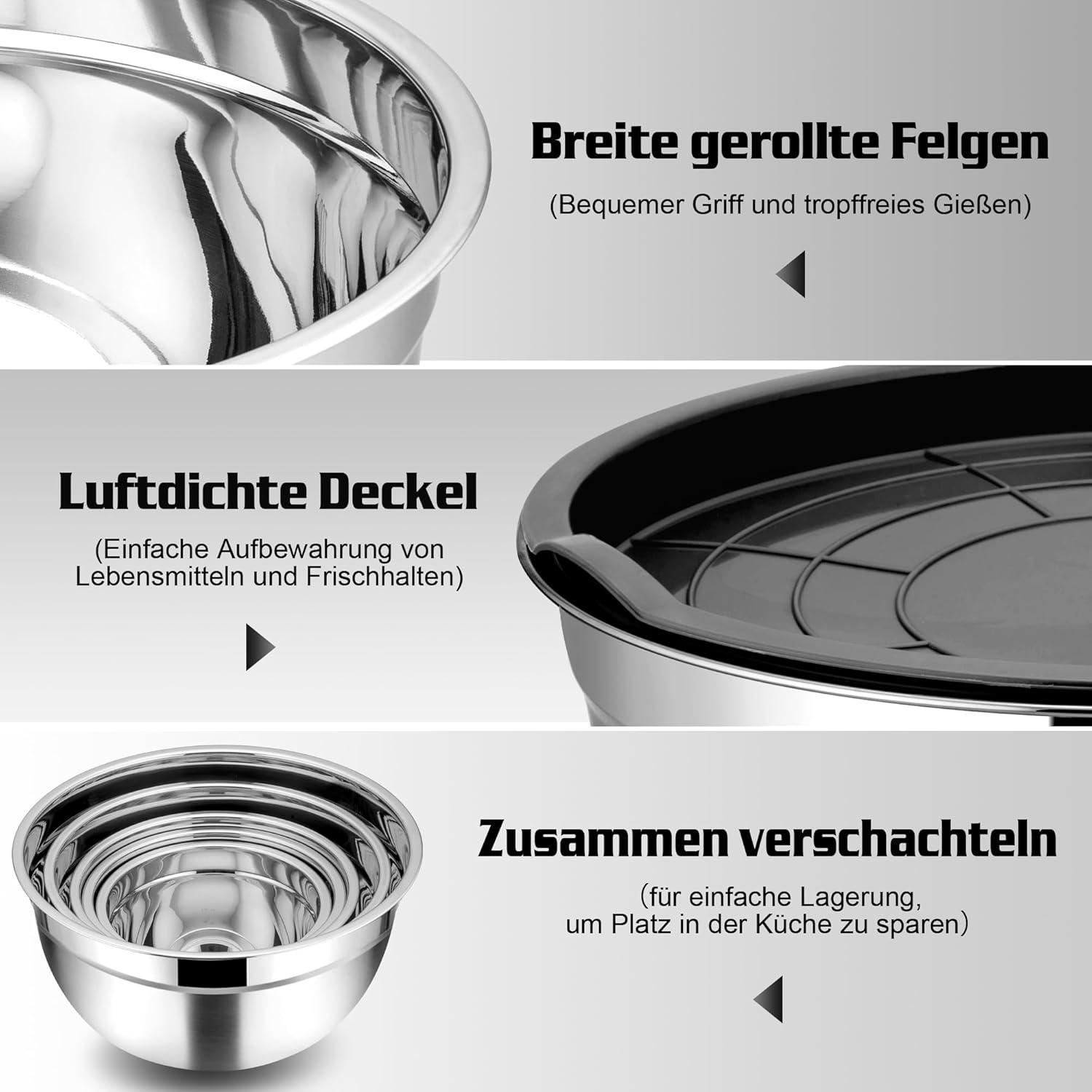 5er Set Schwarz Edelstahl Rührschüsseln mit Deckel
