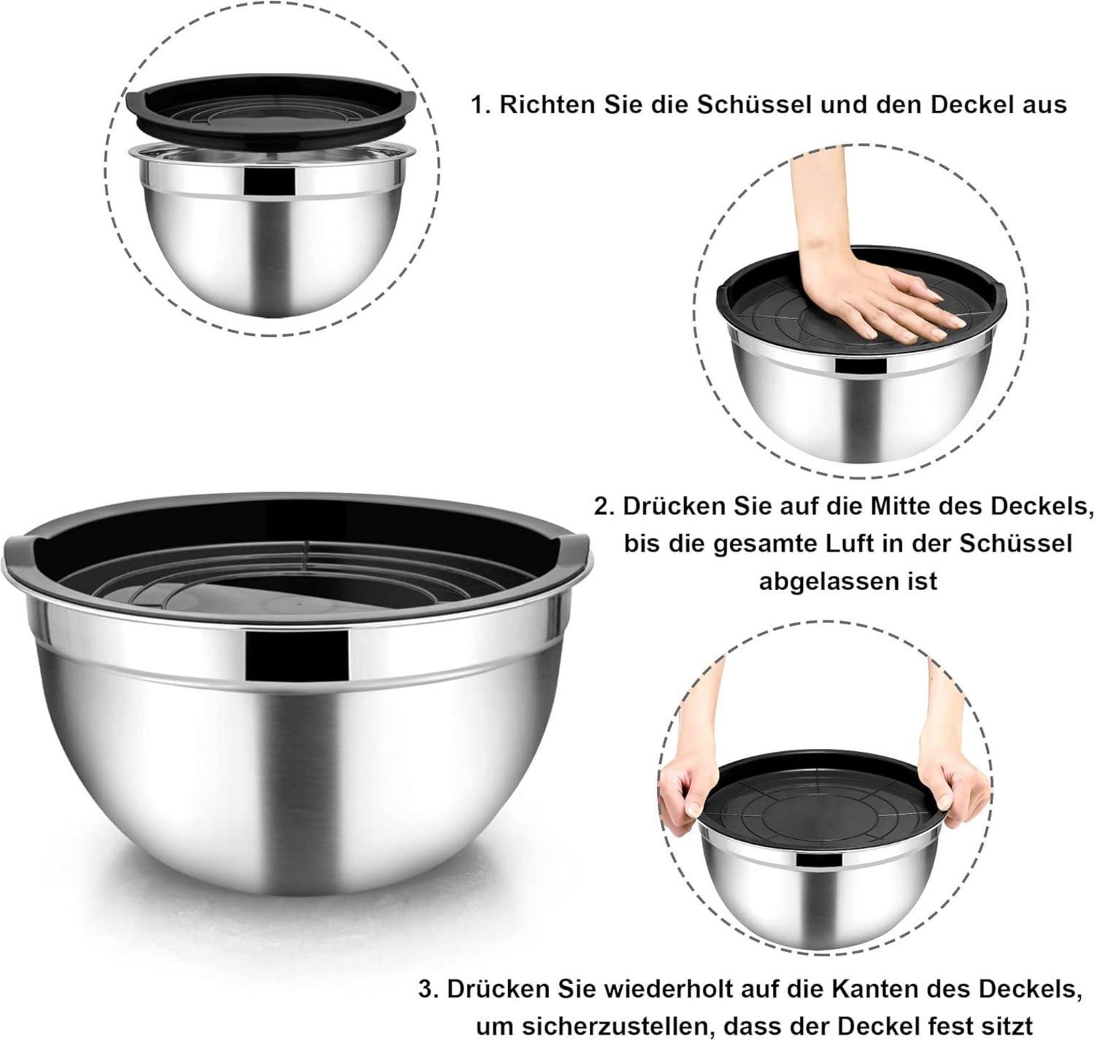 Rührschüssel Set Schwarz Edelstahl 5-teilig mit Deckel Küche 4.5/2.7/1.5/1.2/0.7