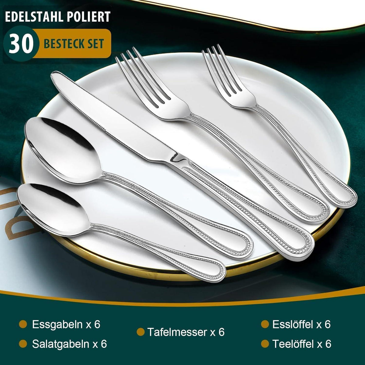 Besteckset 30-teilig für 6 Personen, Edelstahl poliert, Perlenrand