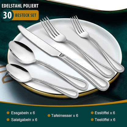 Besteckset 30-teilig für 6 Personen, Edelstahl poliert, Perlenrand