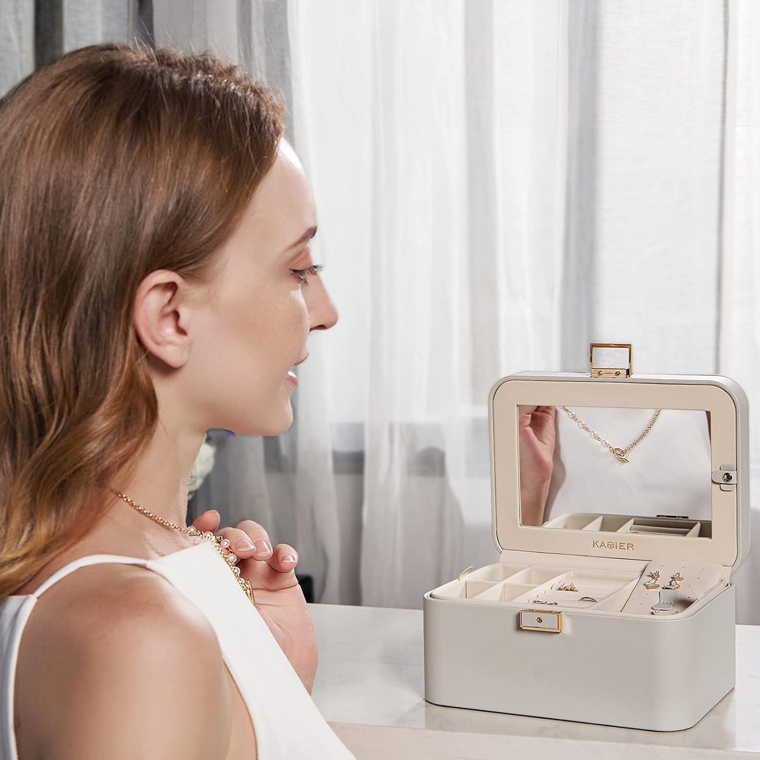 KAMIER Großes Schmuckkästchen für Damen, Grau, mit Spiegel und Schlüssel