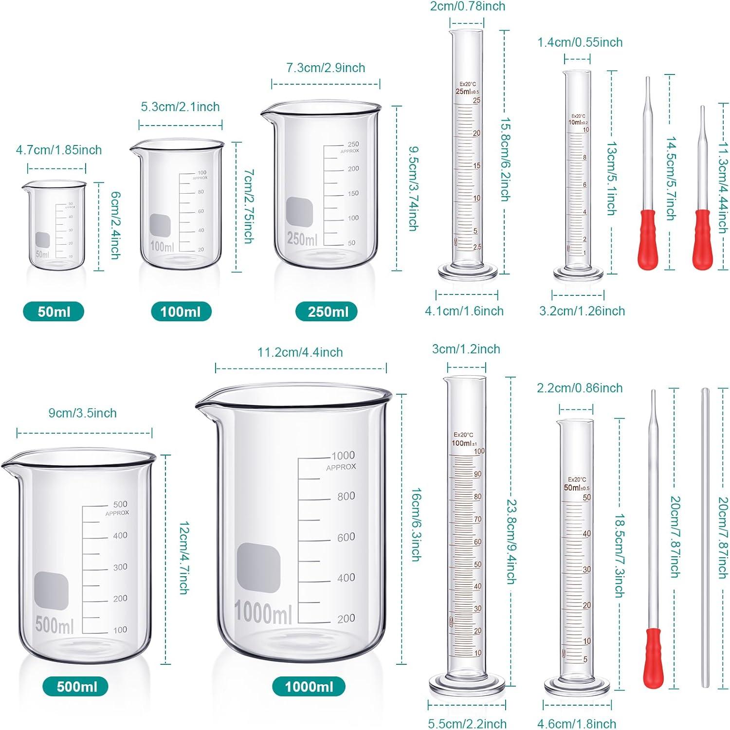 Labor Glas Messzylinder Becherglas Set 10 ml-1000 ml mit