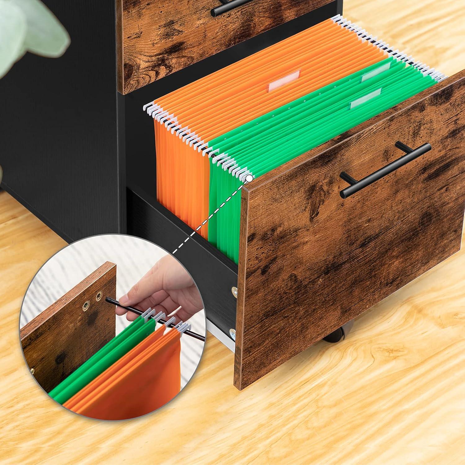 Rollcontainer mit 3 Schubladen, Aktenschrank auf Rollen, Büroschrank dunkelbraun/schwarz