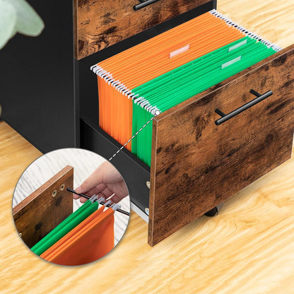 Rollcontainer mit 3 Schubladen, Aktenschrank auf Rollen, Büroschrank dunkelbraun/schwarz