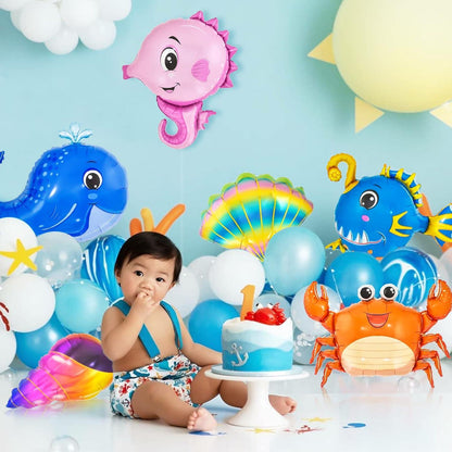8 Stk. Meerestiere Folienballon Set – Fisch Seelöwe Hai Wal Seepferdchen Krabbe