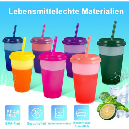 Patinao 7er Set Farbwechsel Trinkbecher mit Strohhalm