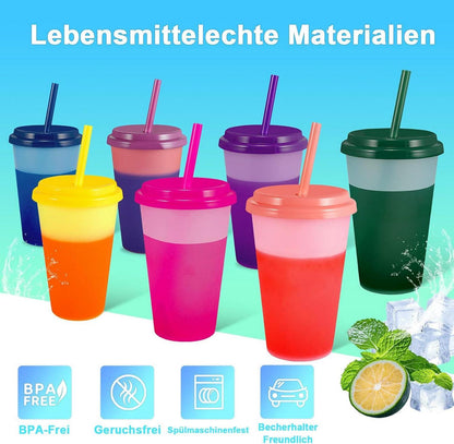 Patinao 7er Set Farbwechselbecher 350ml mit Strohhalm und Deckel