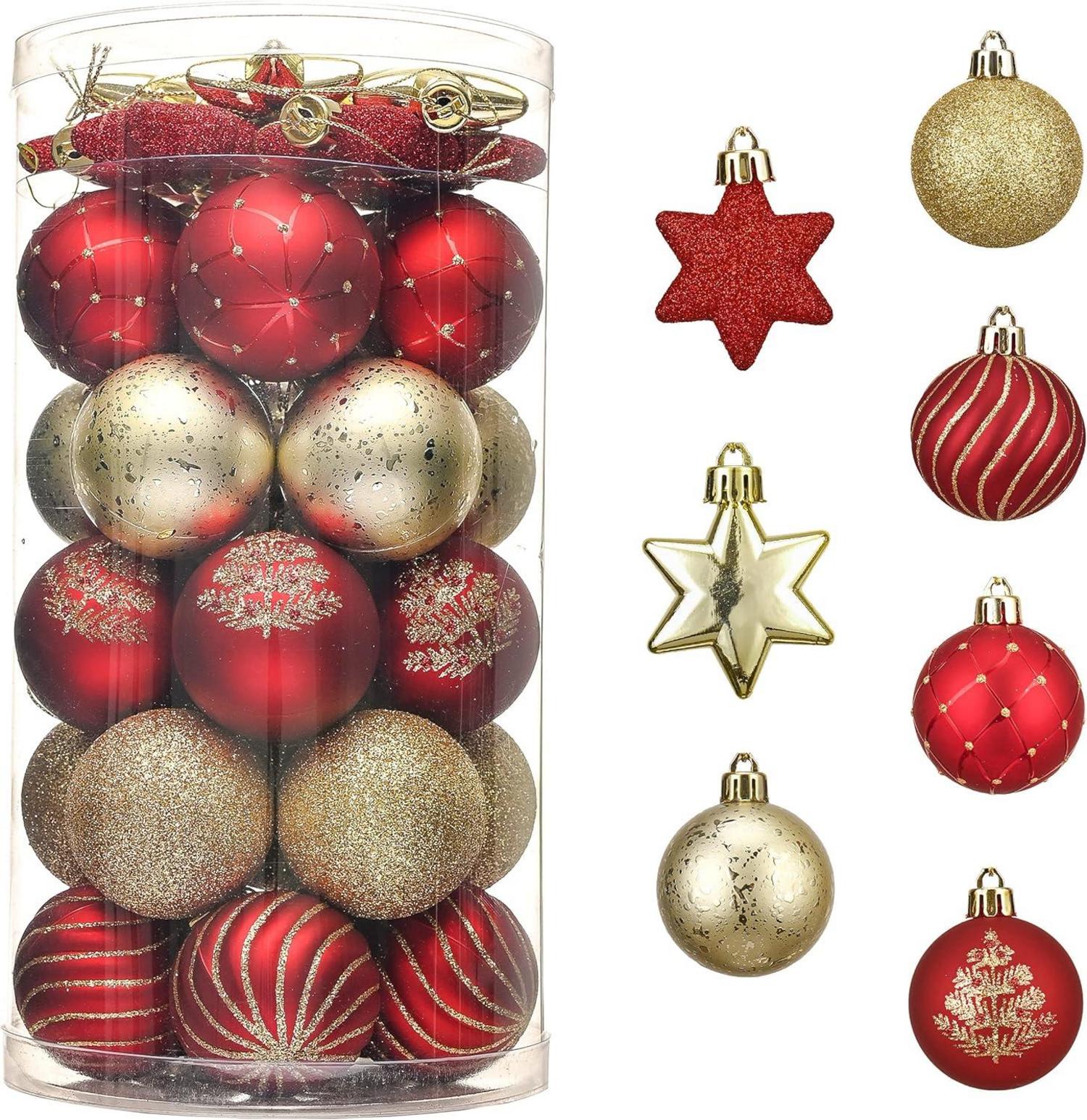 35 Bruchsichere Weihnachtskugeln Kunststoff Rot Gold Luxuriöse