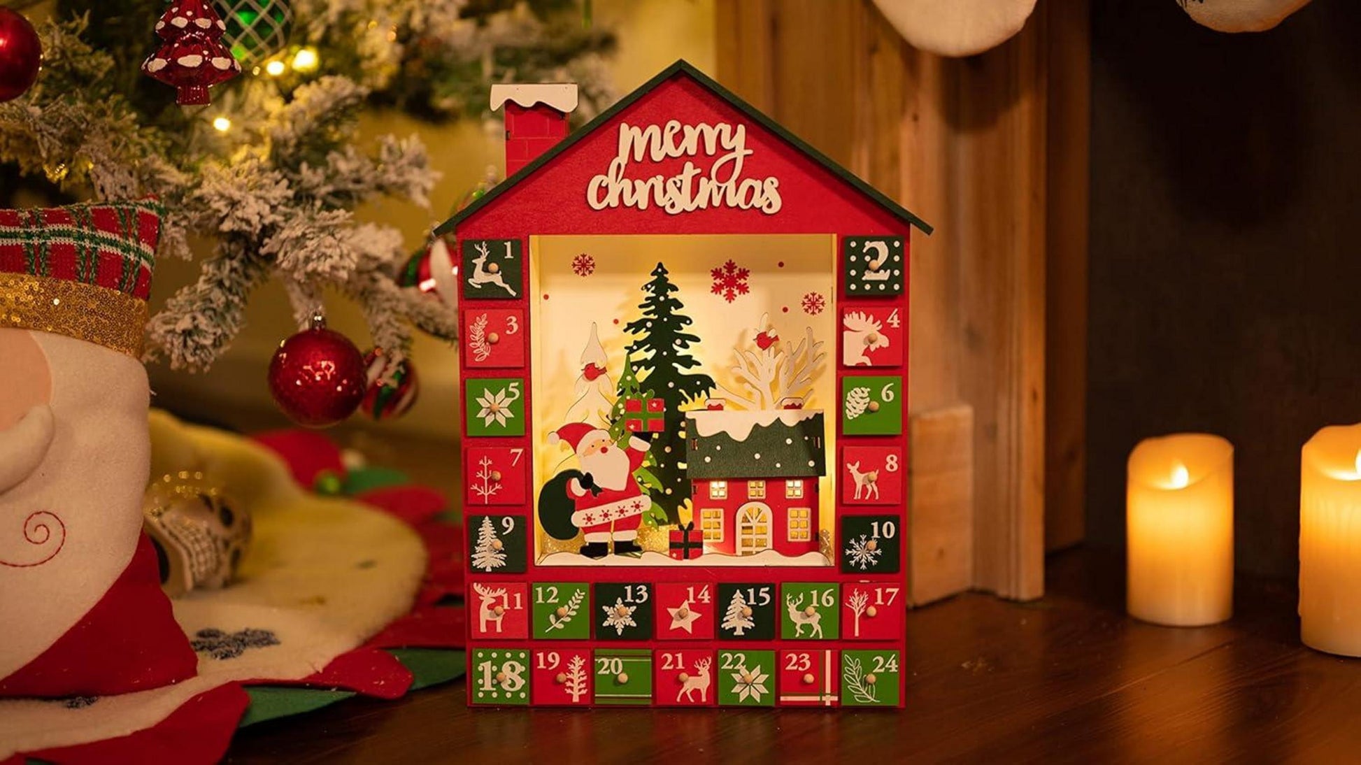 LED Holz Adventskalender Weihnachtsdeko mit Beleuchtung 40x30x7cm
