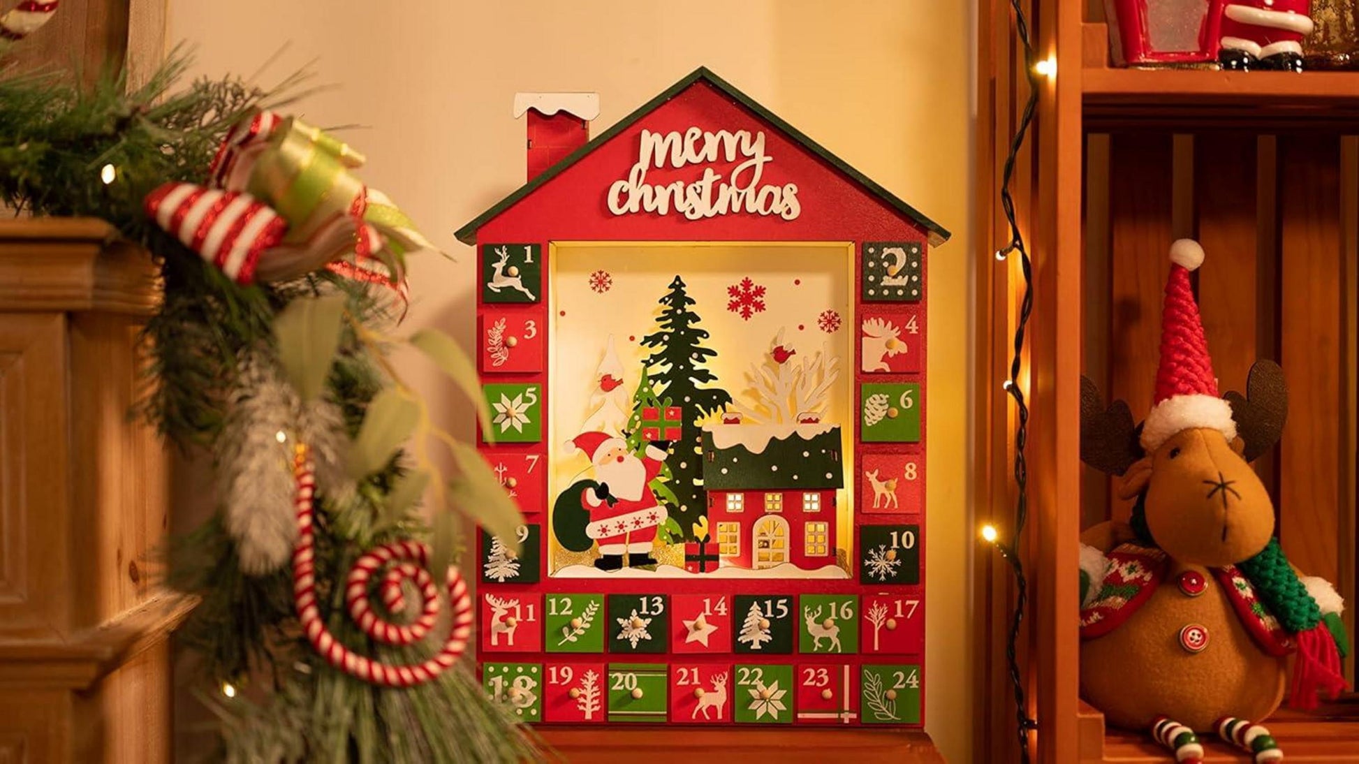 Holz Adventskalender LED Beleuchtung Weihnachtsdeko Countdown 40x30cm