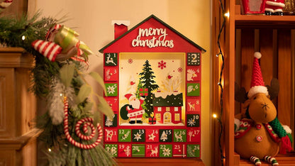 Holz Adventskalender LED Beleuchtung Weihnachtsdeko Countdown 40x30cm
