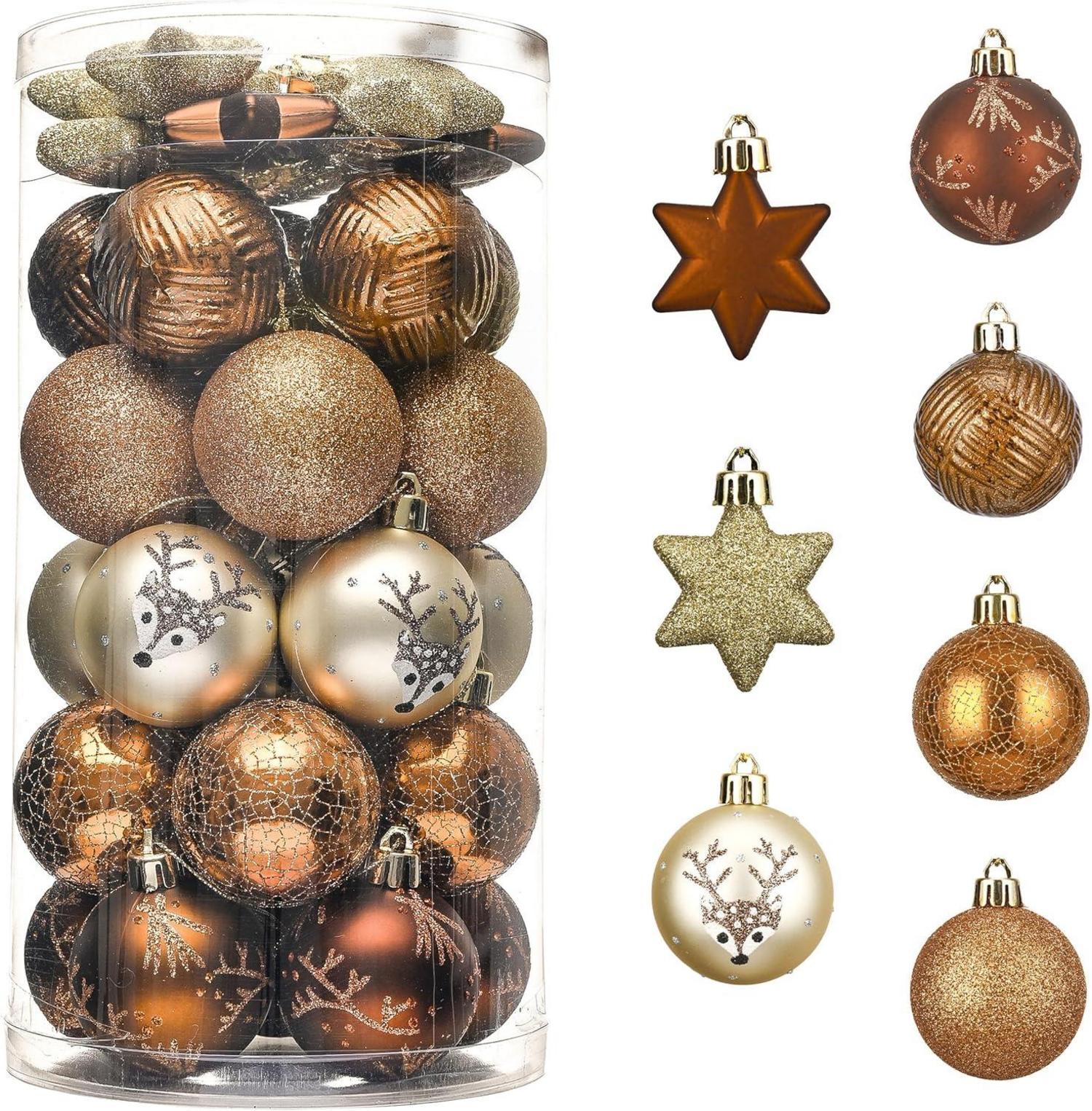 35er Set 5cm Weihnachtskugeln Kunststoff Wald Thema Kupfergold