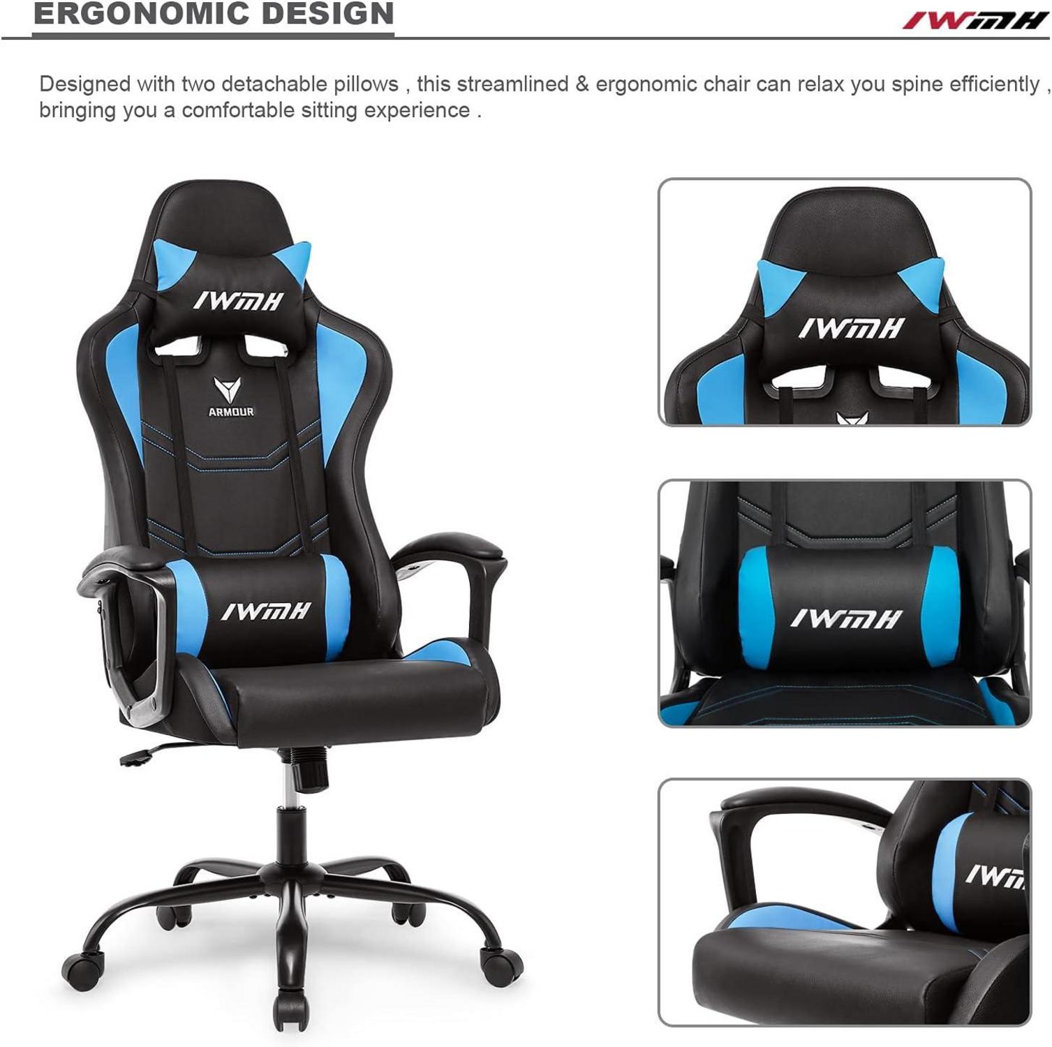 Gaming Stuhl Blau Ergonomisch Hohe Rücklehne Verstellbar Kopfstütze Lendenstütze