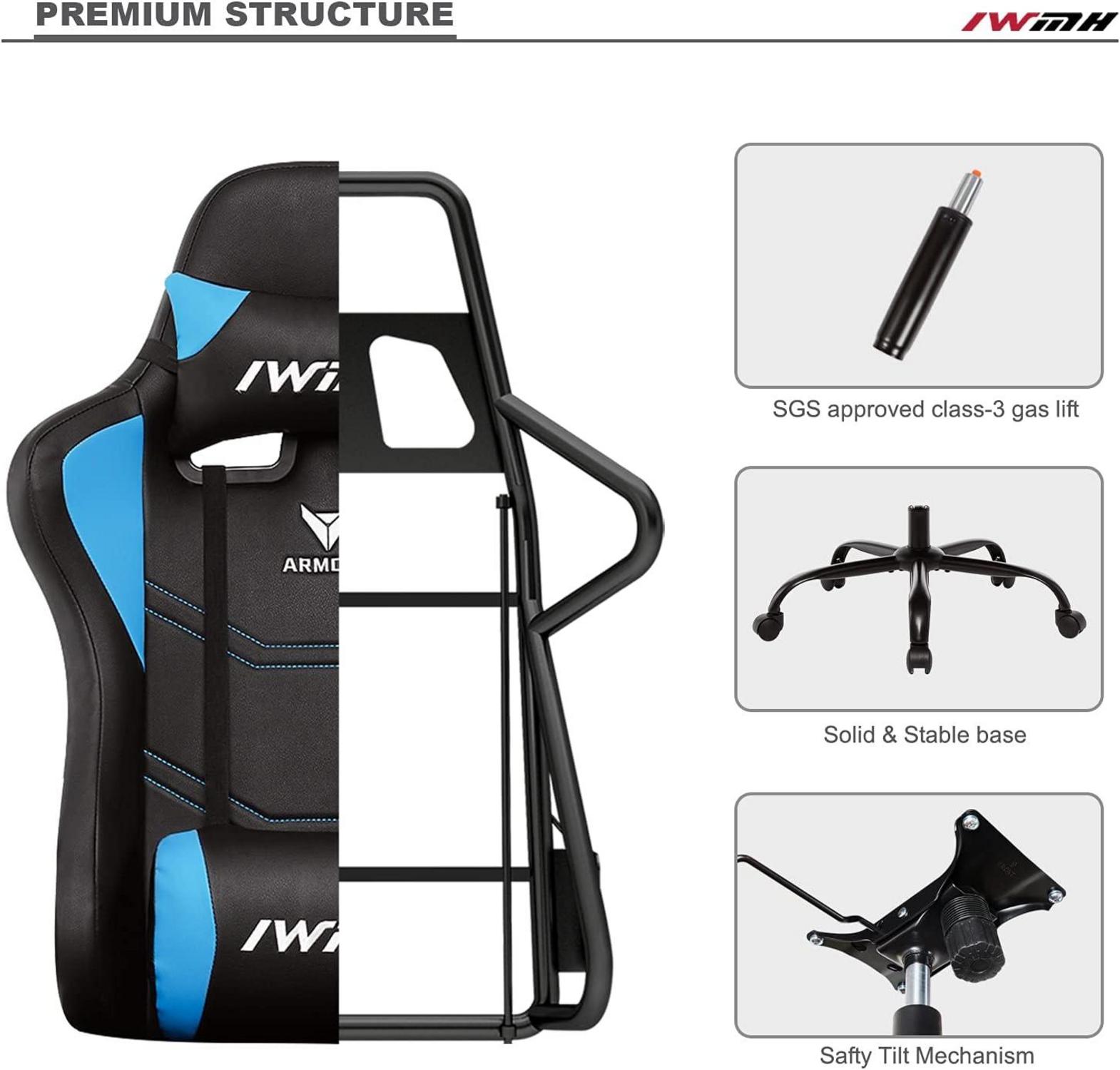 Gaming Stuhl Ergonomisch Höhenverstellbar Blau Armlehnen & Kopfstütze