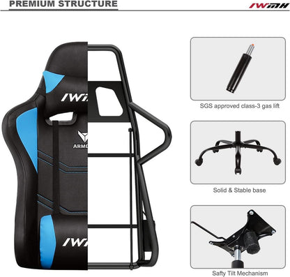 Gaming Stuhl Ergonomisch Höhenverstellbar Blau Armlehnen & Kopfstütze