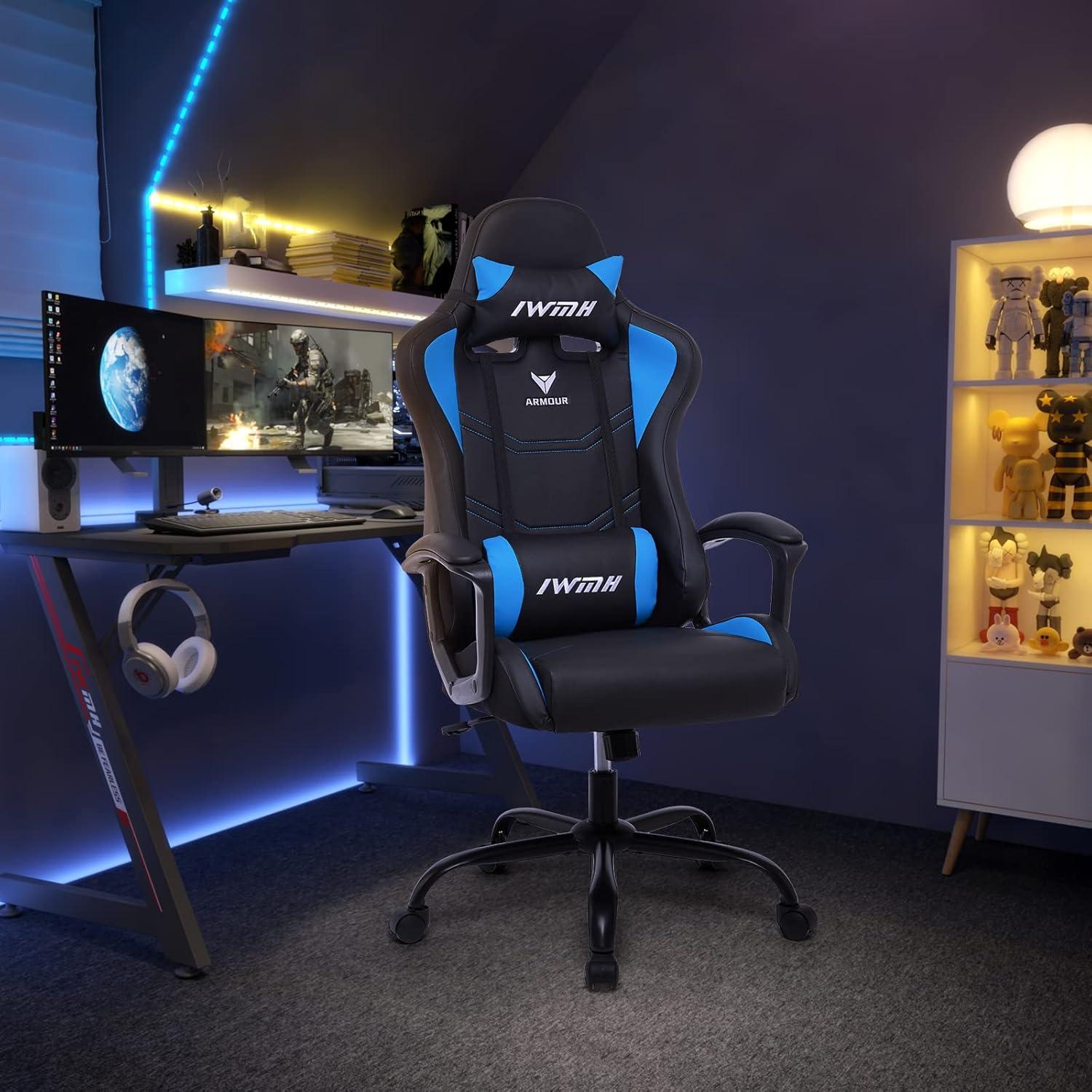 Gaming Stuhl Blau Hohe Rücklehne Drehstuhl Armlehnen Kopfstütze Lendenstütze