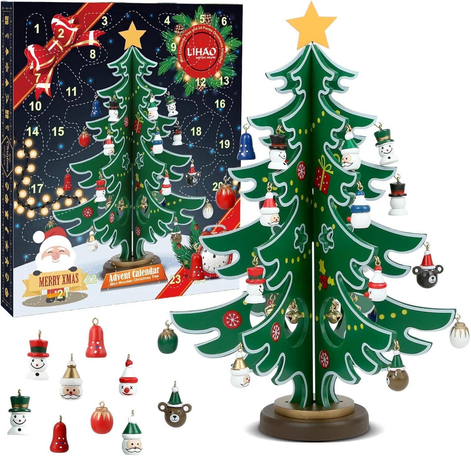 Adventskalender Holz Weihnachtsbaum DIY mit 24 Anhänger & Ornament